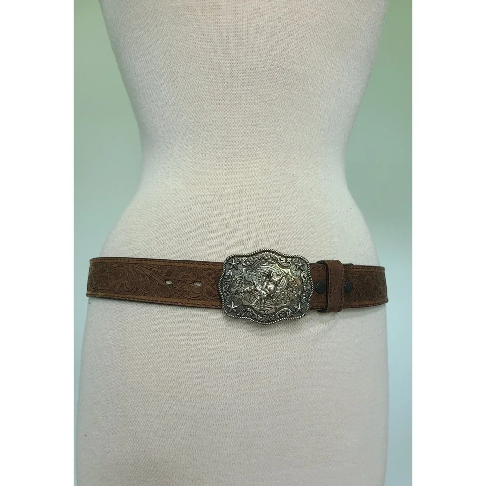 Nocona Embossed Floral Brown Leather Belt Silver Rodeo Bull Rider Stamped Buckle - Picture 1 of 9